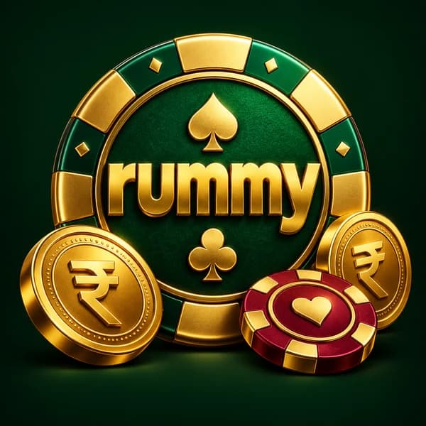 Gold rummy emblem with rupee coins and casino chips